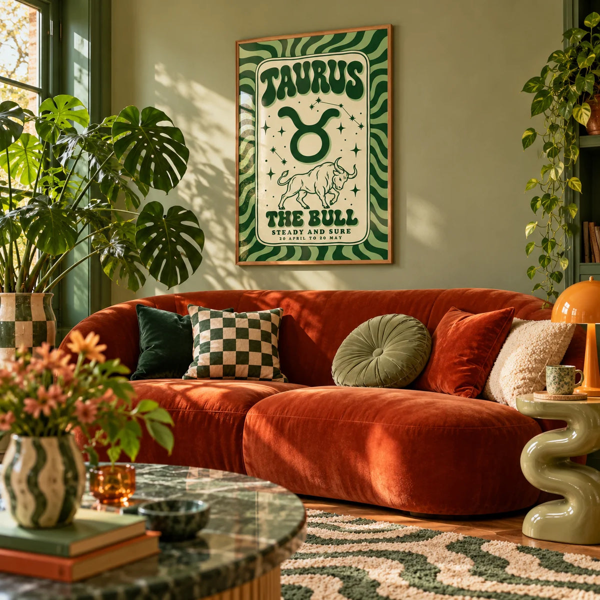 Taurus Print, framed on the wall of a maximalist living room