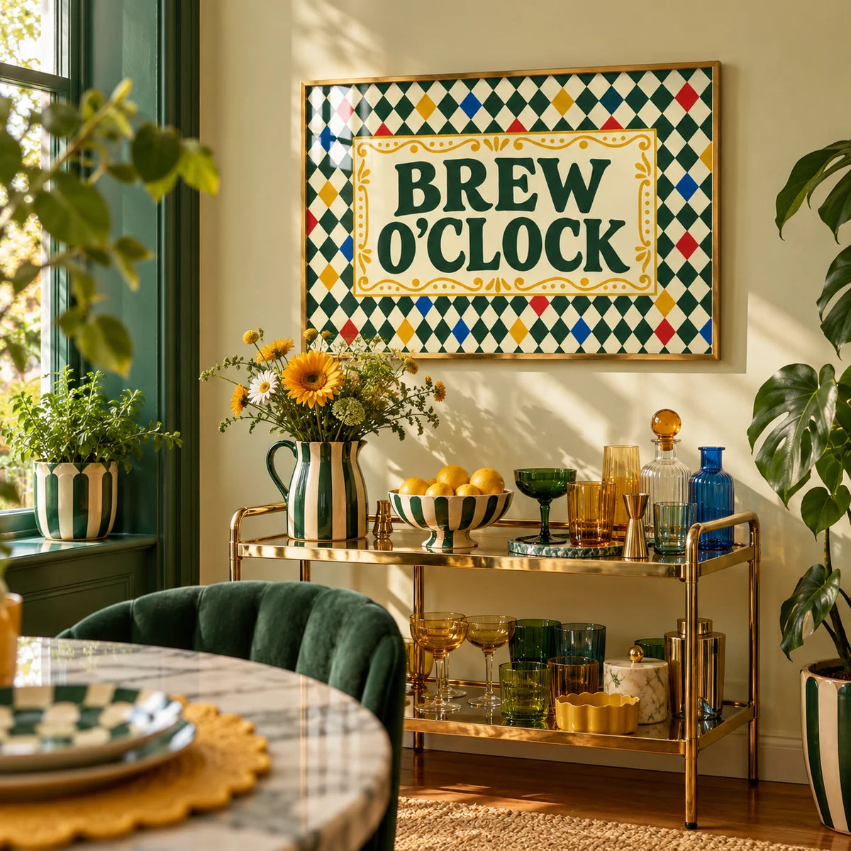 Tea Print, framed on the wall of a colourful dining corner
