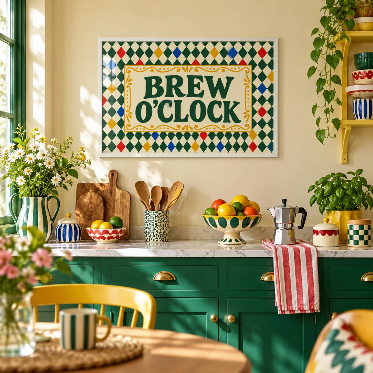 Tea Print, framed on the wall of a colourful dopamine kitchen