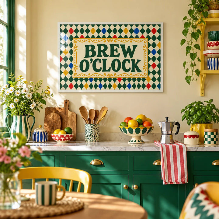 Tea Print, framed on the wall of a colourful dopamine kitchen