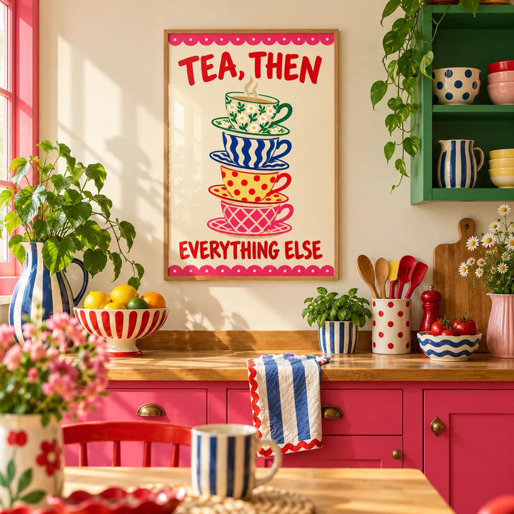 Teacup Tower Print, framed on the wall of a colourful dopamine kitchen