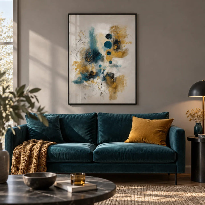 Teal And Black Art Print, framed on the wall of a contemporary living room with a warm grey wall