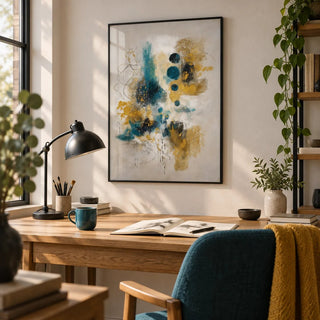 Teal And Black Art Print, framed on the wall of a creative home office