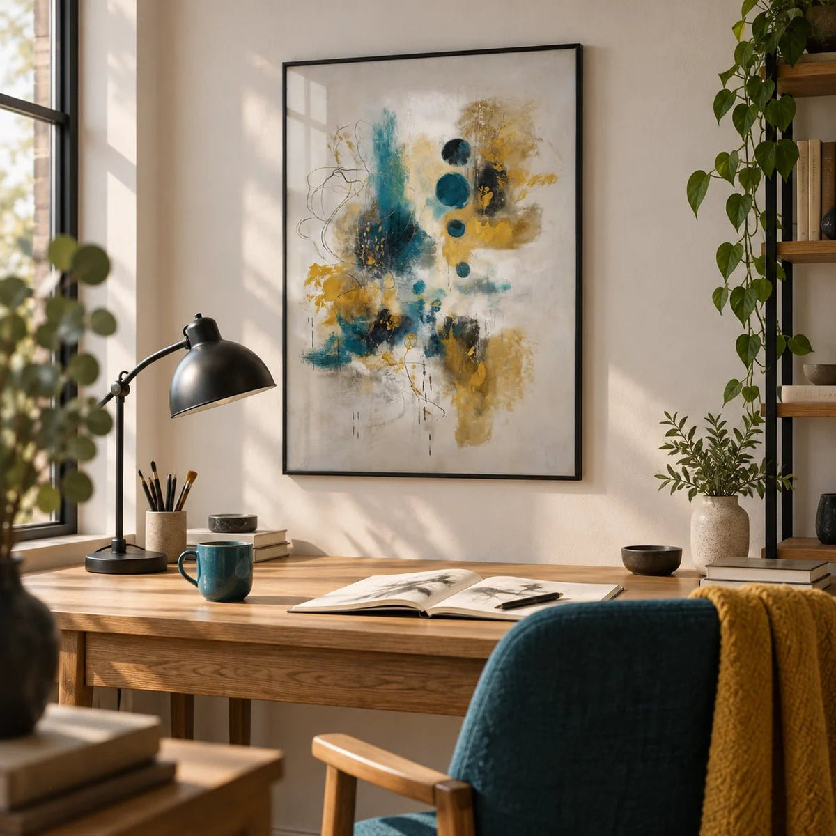 Teal And Black Art Print, framed on the wall of a creative home office