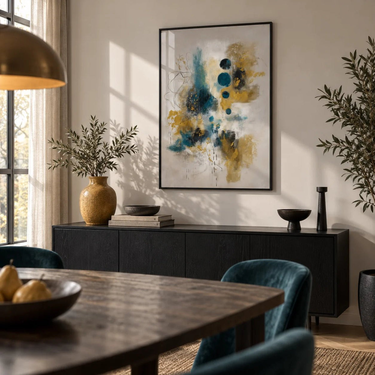 Teal And Black Art Print, framed on the wall of a modern dining room