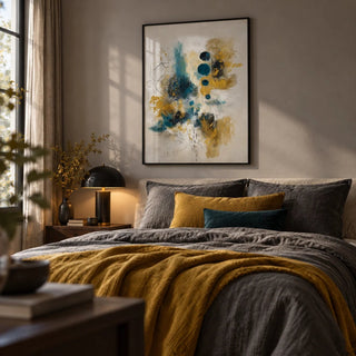 Teal And Black Art Print, framed on the wall of a moody bedroom