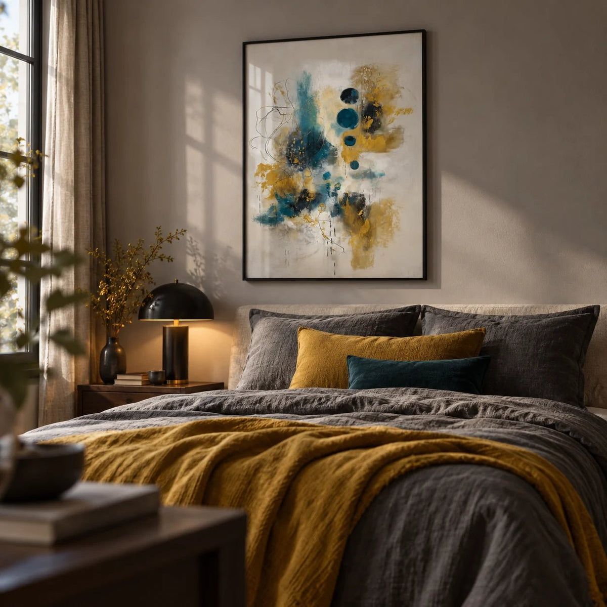 Teal And Black Art Print, framed on the wall of a moody bedroom