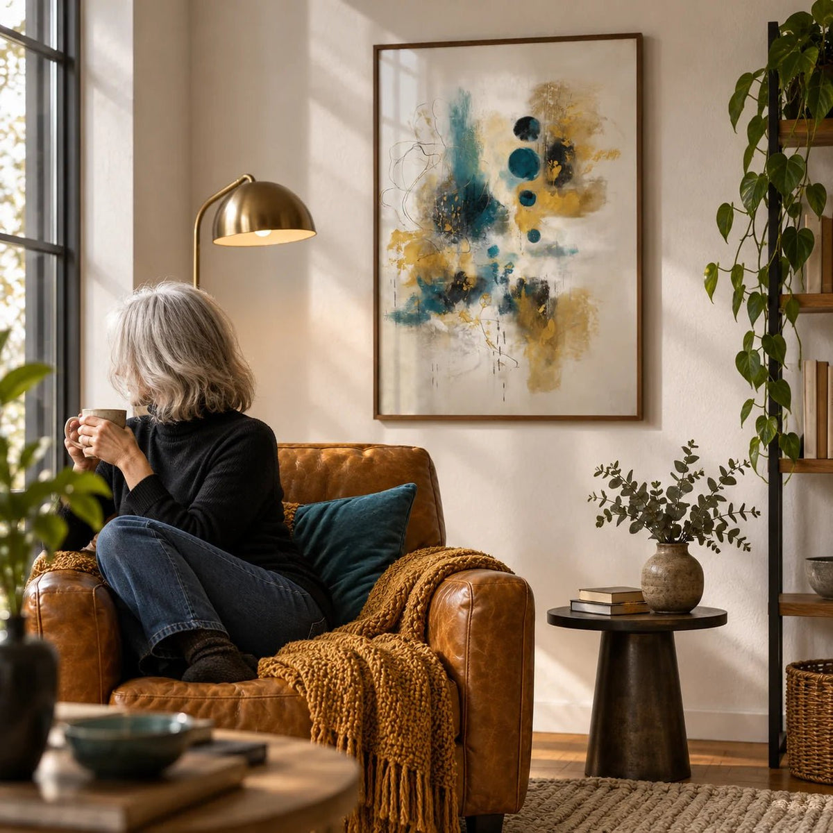 Teal And Black Art Print, framed on the wall of a reading corner in a living room