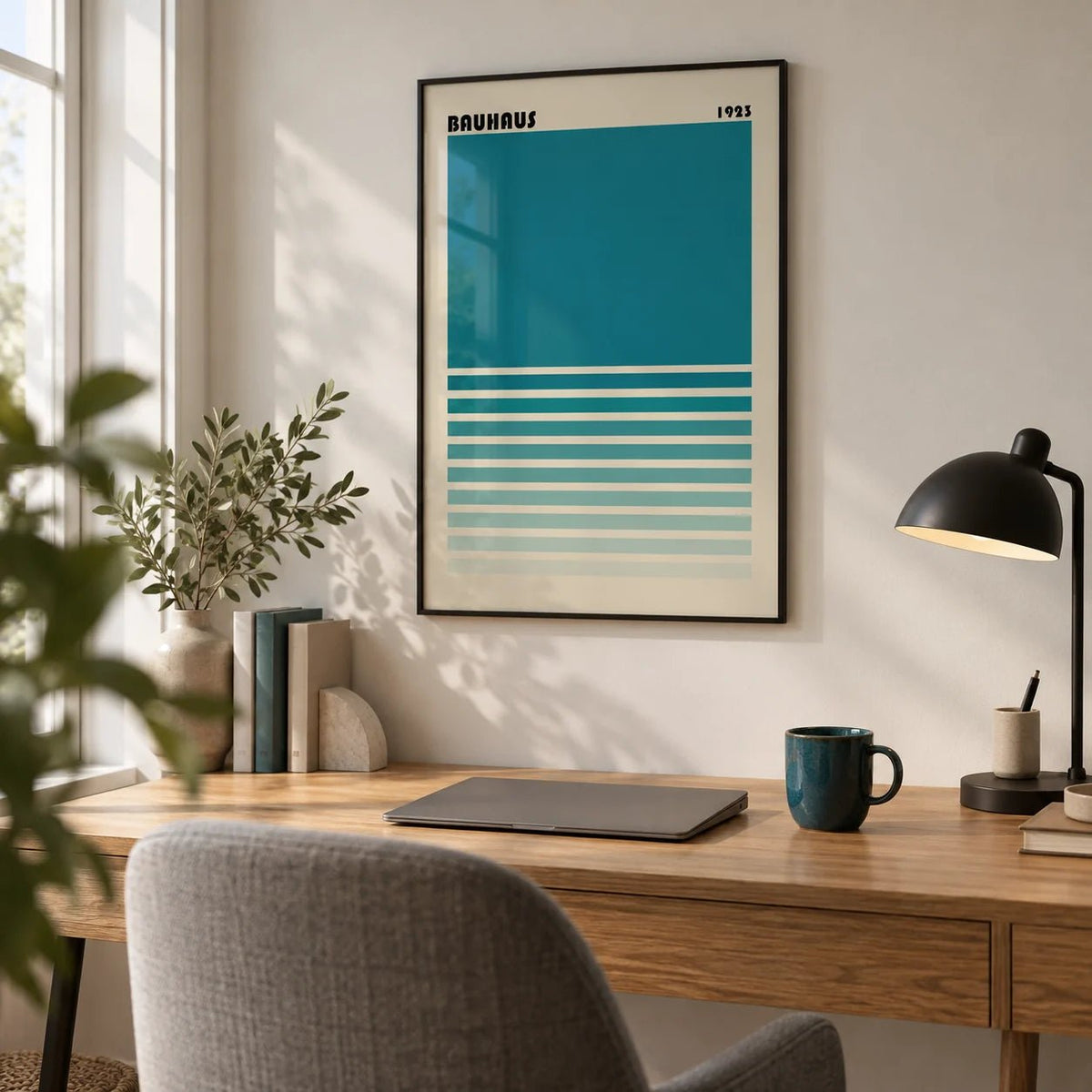 Teal Blue Gradient Wall Art, framed on the wall of a calm home office