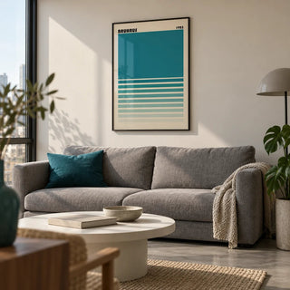 Teal Blue Gradient Wall Art, framed on the wall of a modern city apartment living room