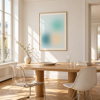 Teal Wall Art, framed on the wall of a bright dining corner