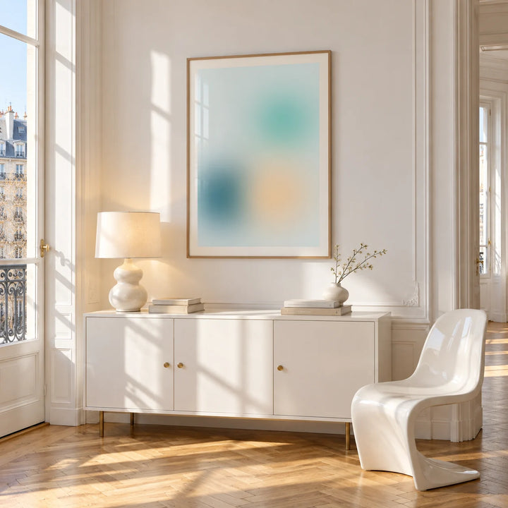 Teal Wall Art, framed on the wall of a bright Paris style apartment in a living room