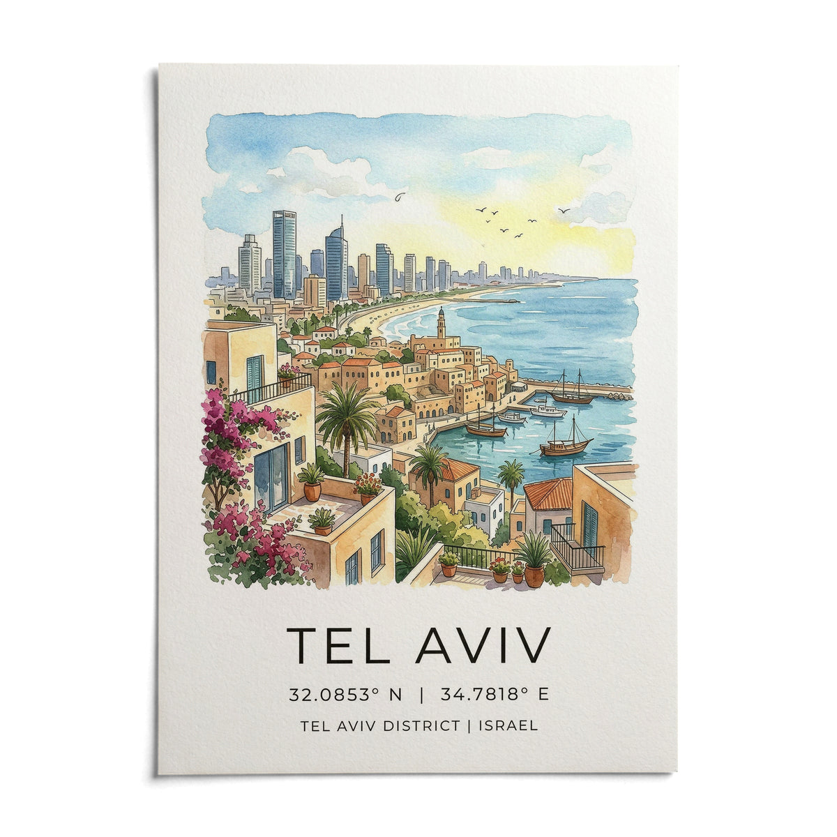 Tel Aviv Art Print, shown as an unframed paper print on a plain white background