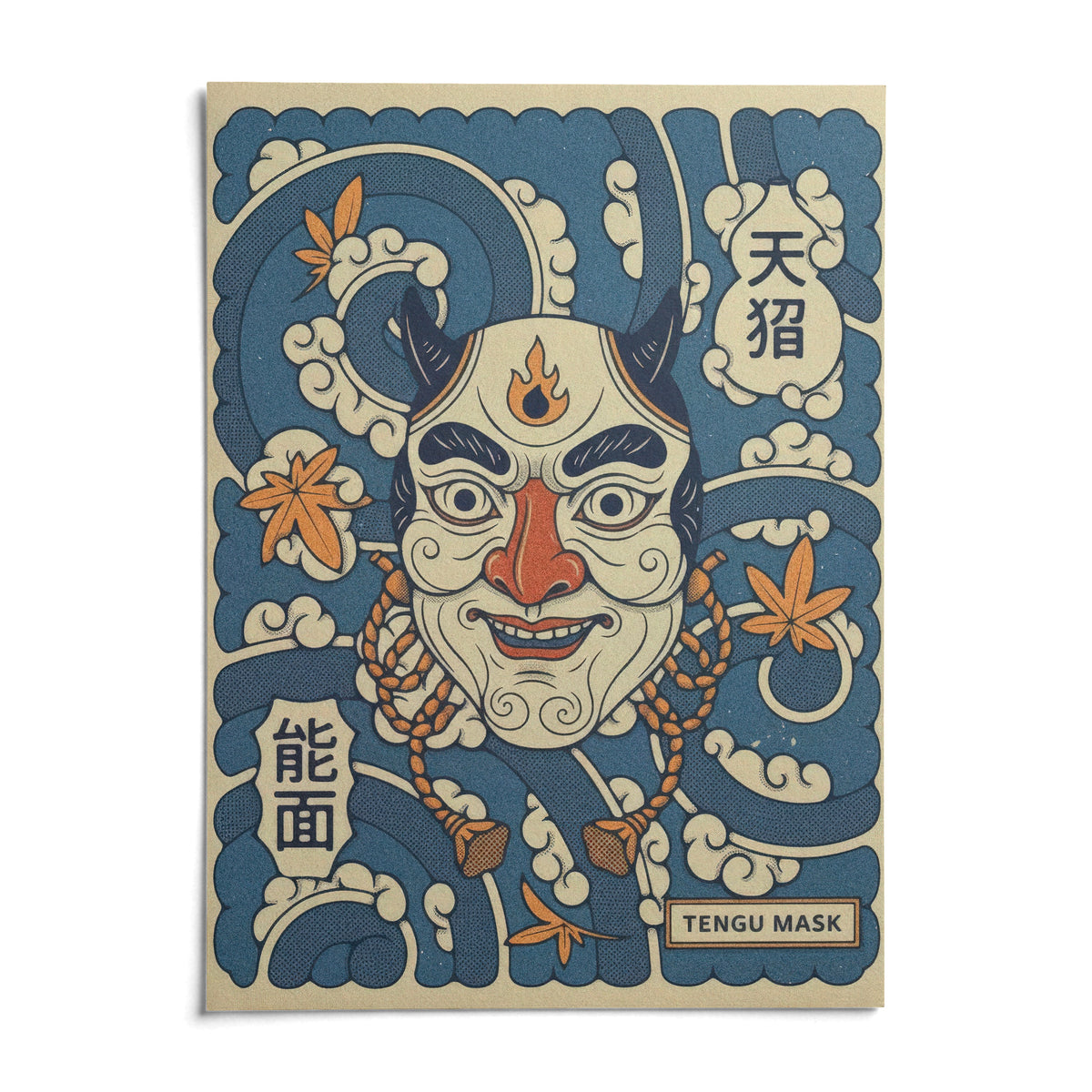Tengu Mask Art, shown as an unframed paper print on a plain white background