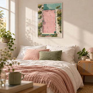 Tennis Court Art Print, framed on the wall of a fresh first-flat bedroom for a 25 year old