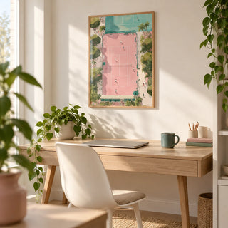 Tennis Court Art Print, framed on the wall of a light home office
