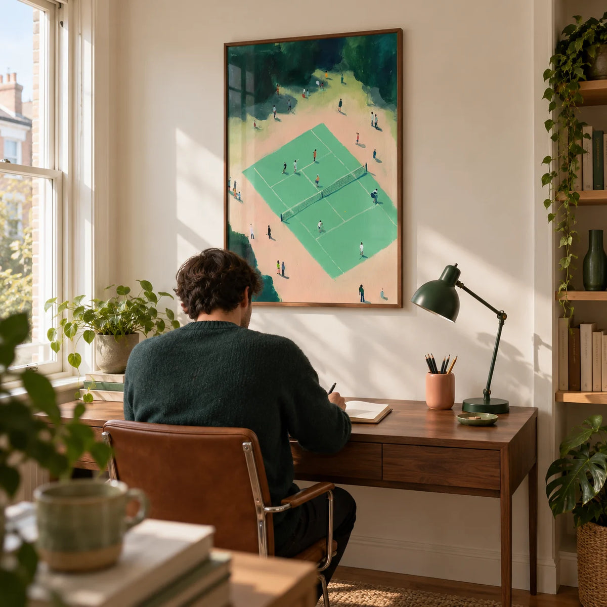 Tennis Court Wall Art, framed on the wall of a bright home study in a UK terraced house for an adult tennis player (25-40)