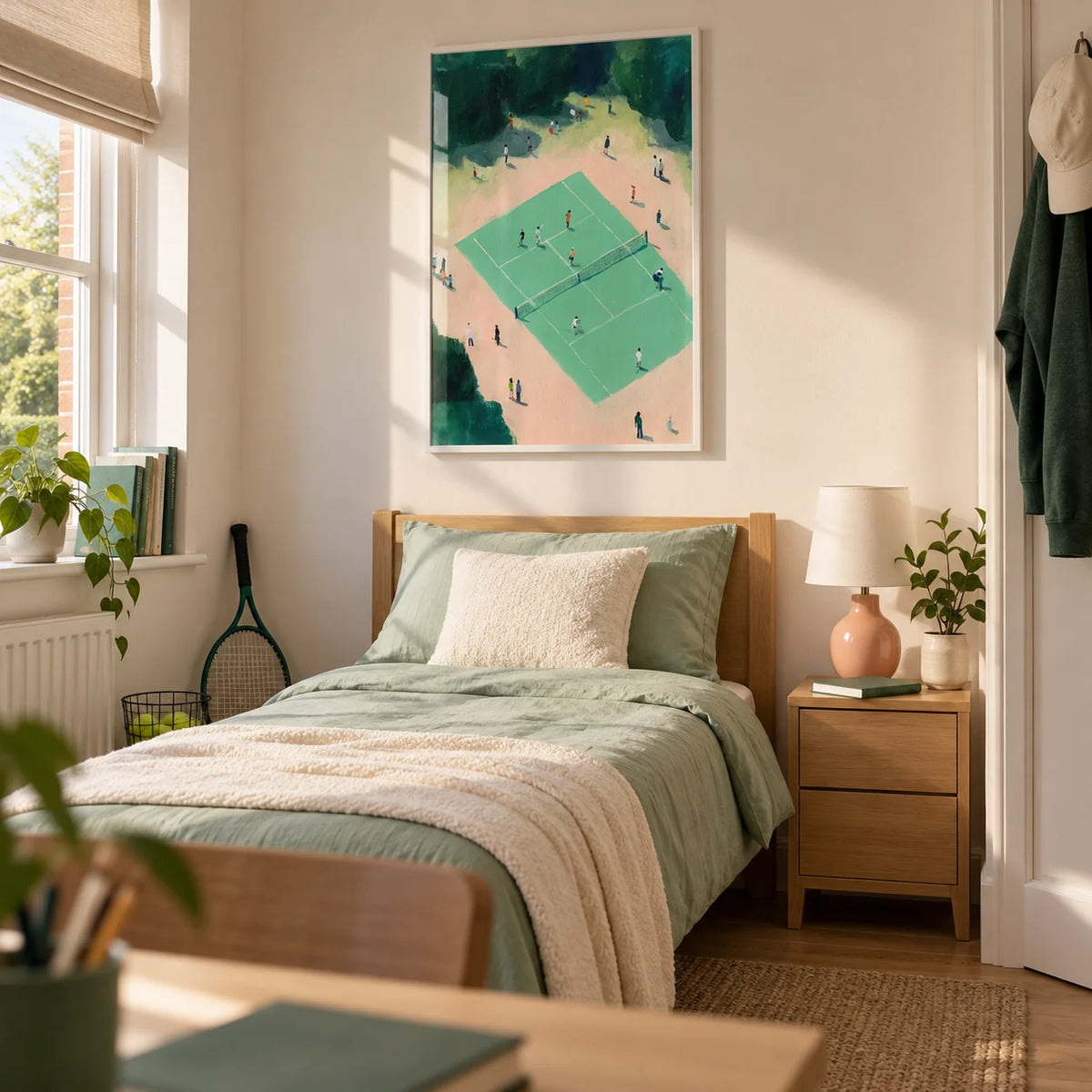 Tennis Court Wall Art, framed on the wall of a contemporary single bedroom for a tennis-loving teenager (16-17) in a UK family home