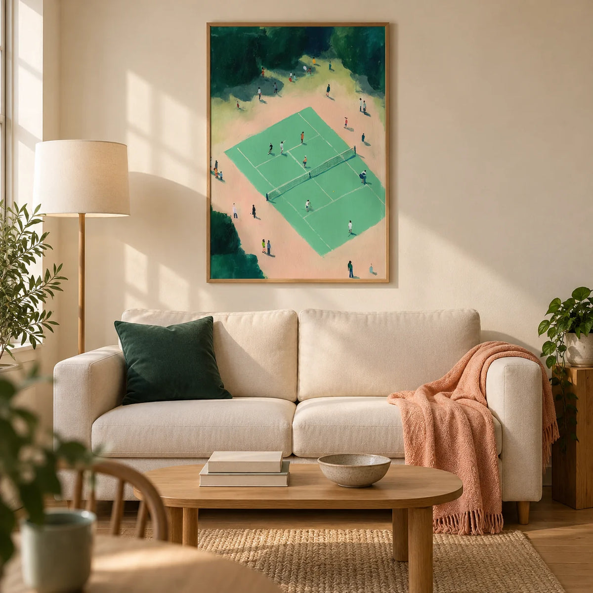 Tennis Court Wall Art, framed on the wall of a relaxed contemporary living room in a UK first flat for a tennis fan (22-30)