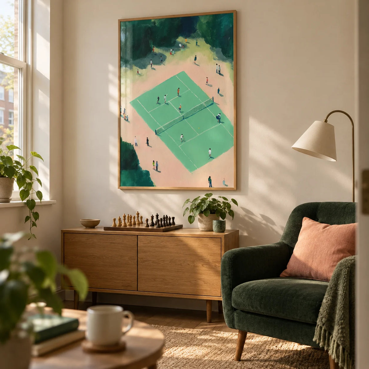 Tennis Court Wall Art, framed on the wall of a small contemporary games snug in a UK maisonette for a tennis fan (22-35) in a living room