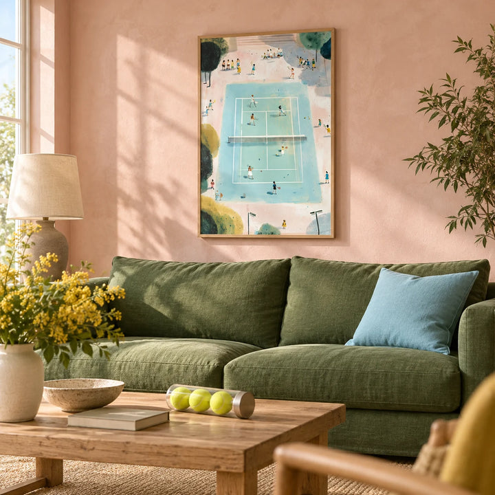 Tennis Game Art Print, framed on the wall of a bright country-club style living room