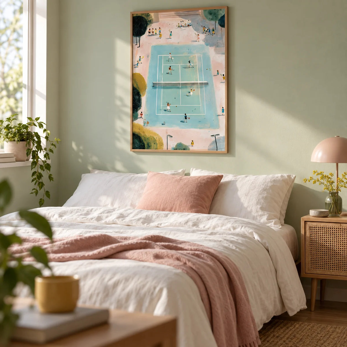 Tennis Game Art Print, framed on the wall of a young adult's bedroom (22-30) with a pale green painted wall