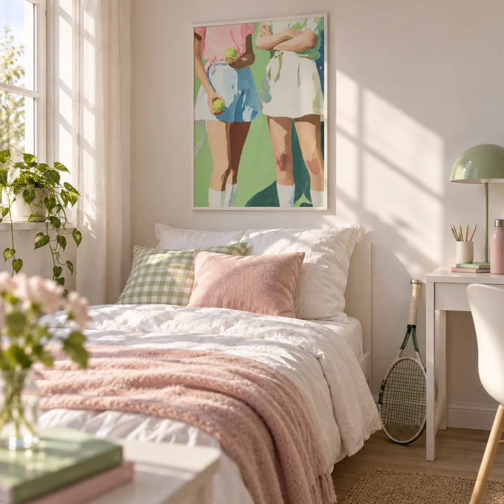 Tennis Girls Art Print, framed on the wall of a bright teen girl's bedroom (age 15-17)