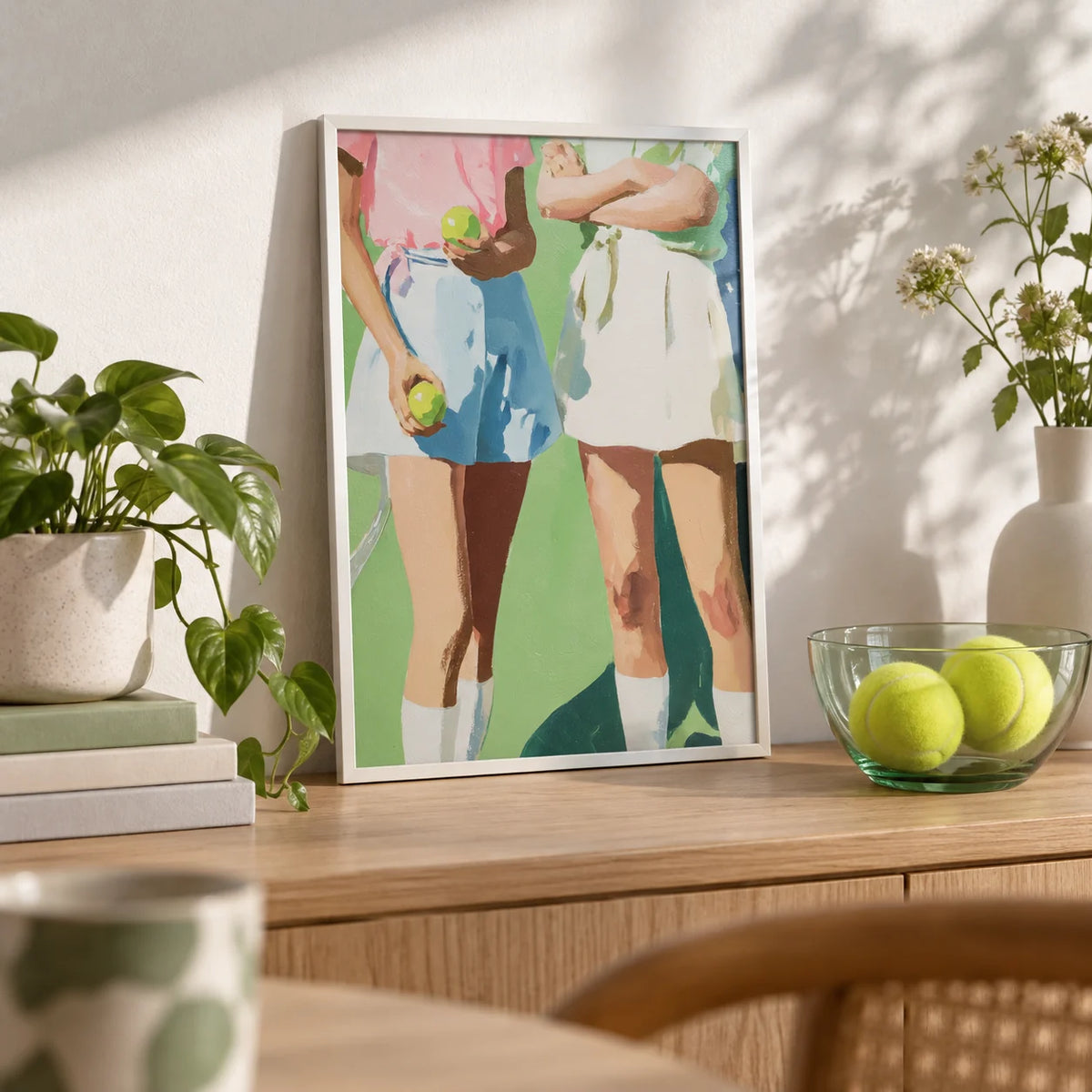 Tennis Girls Art Print, a small A4 framed print leaning on a pale oak shelf in a living room