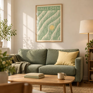 Tennis Grass Art Print, framed on the wall of a relaxed living room in a tennis fan's UK first flat (22-30) with warm cream walls and an oak floor