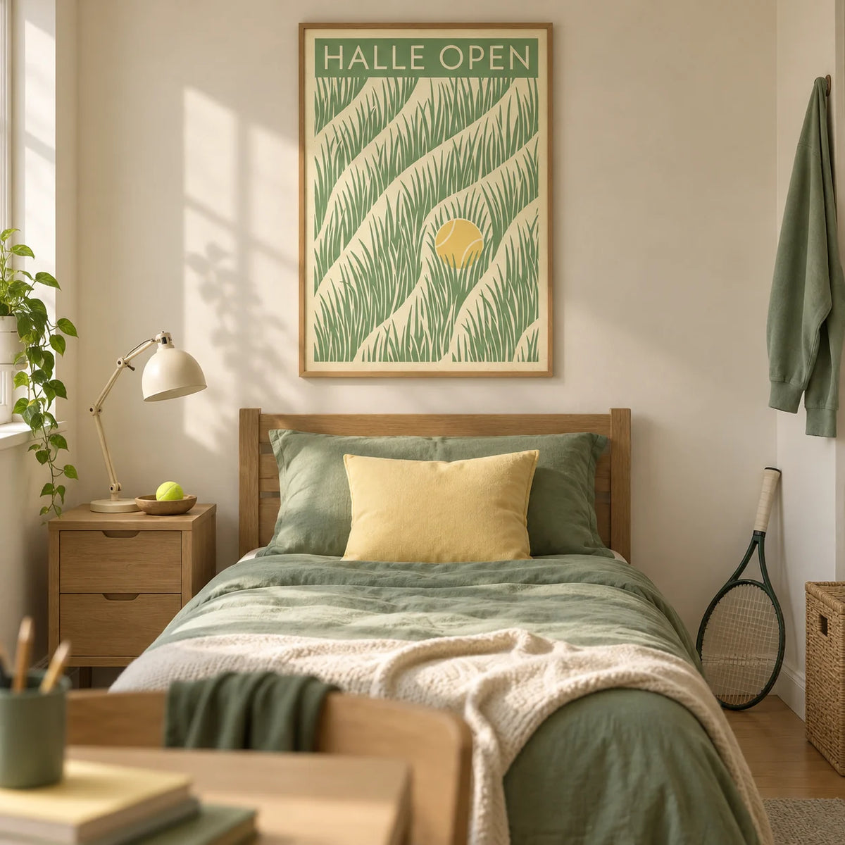 Tennis Grass Art Print, framed on the wall of a tidy tennis-loving teenager's single bedroom (13-17) in a UK family home with warm cream walls and an oak floor
