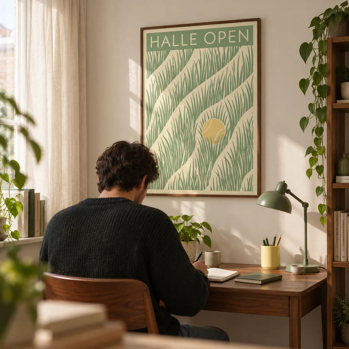 Tennis Grass Art Print, framed on the wall of a young adult's home study in a UK first flat (22-28) with a cream wall and a simple walnut desk