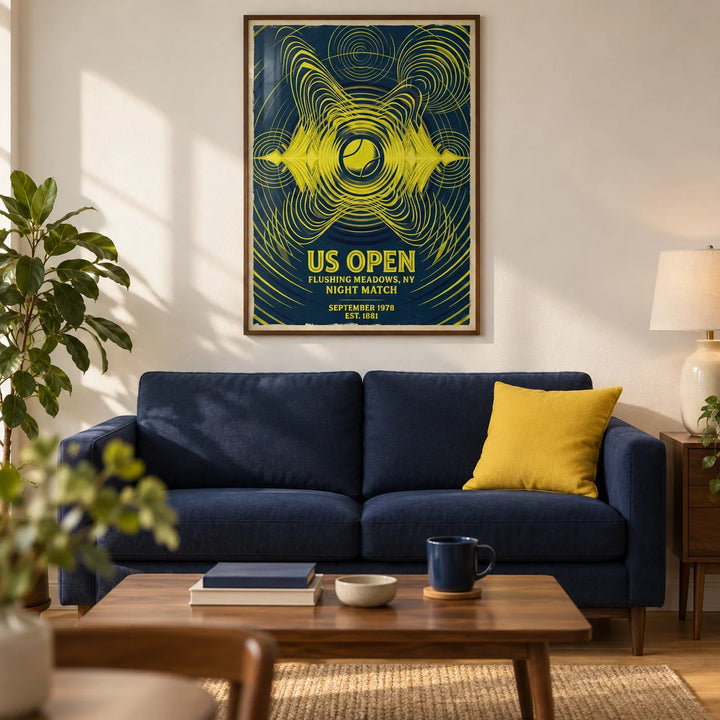 Tennis Night Art Print, framed on the wall of a modern living room in a tennis fan's UK first flat (22-28)