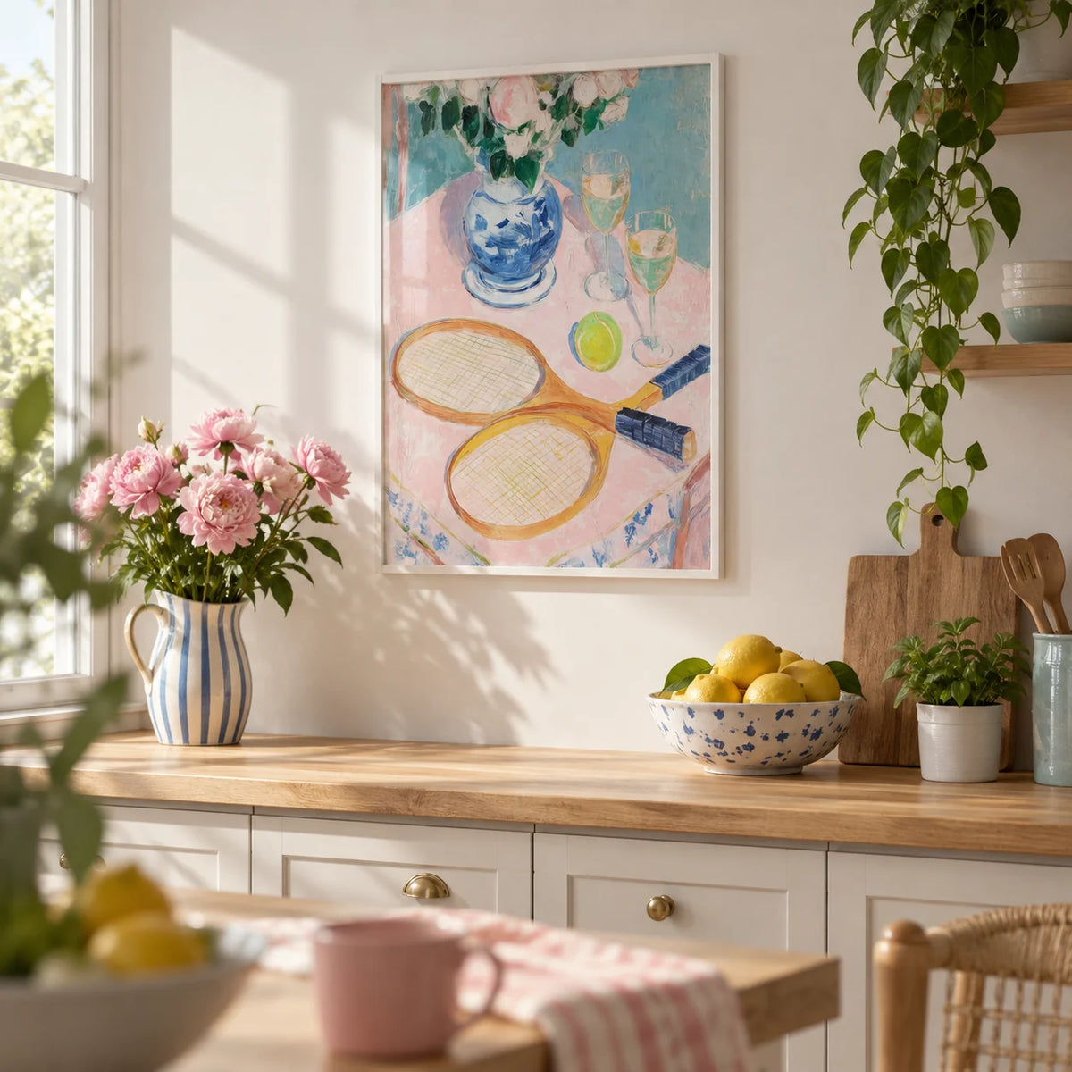 Tennis Still Life Print, framed on the wall of a bright kitchen