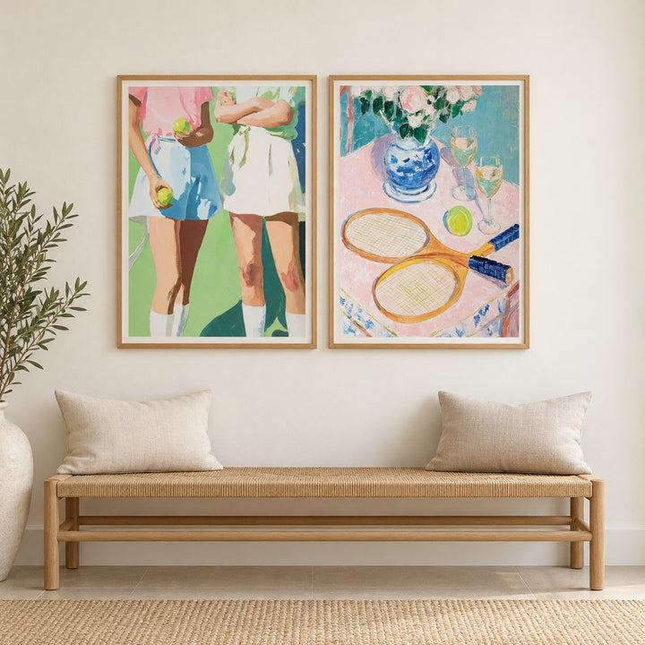 Tennis Wall Art Set hung at eye level above an oak bench in a hallway: Sunshine and Serve and Playful Elegance shown framed side by side (frames not included)