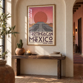 Teotihuacan Wall Art, framed on the wall of a Mexican-modern hallway with an arched plaster niche