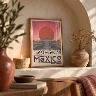 Teotihuacan Wall Art, a small A4 framed print leaning on a shelf in a living room