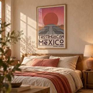 Teotihuacan Wall Art, framed on the wall of a warm bedroom with a soft plaster wall