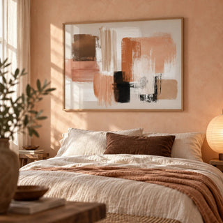 Terracotta and Cream Wall Art, framed on the wall of a calm bedroom with limewashed peach walls