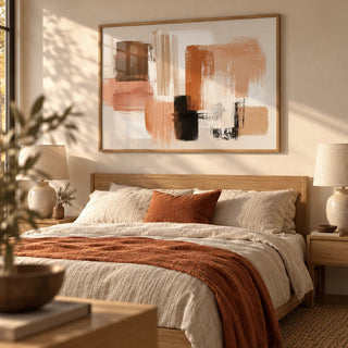 Terracotta and Cream Wall Art, framed on the wall of a warm earthy bedroom