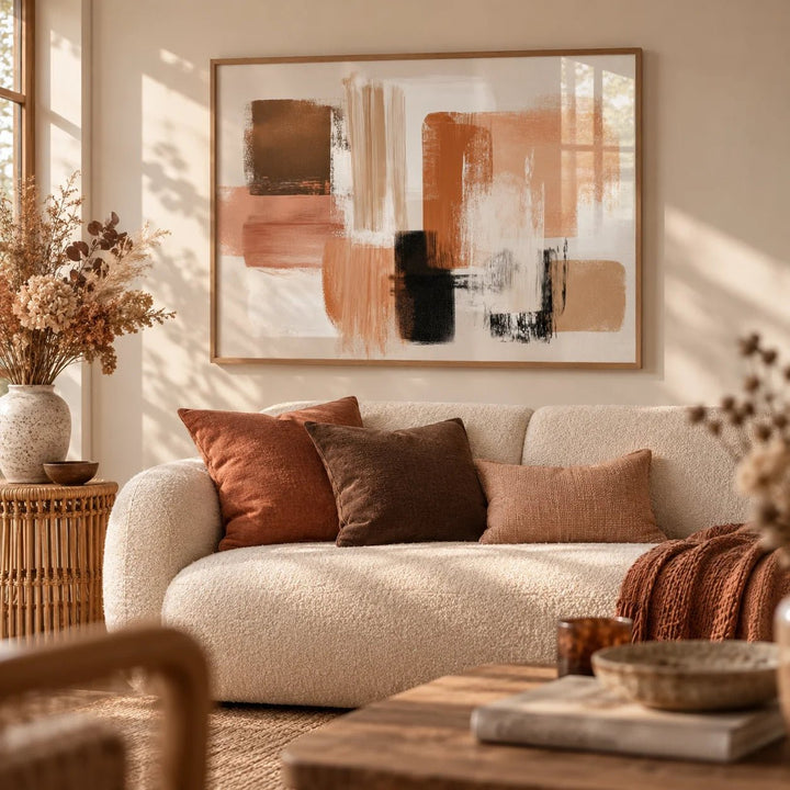 Terracotta and Cream Wall Art, framed on the wall of a warm earthy living room