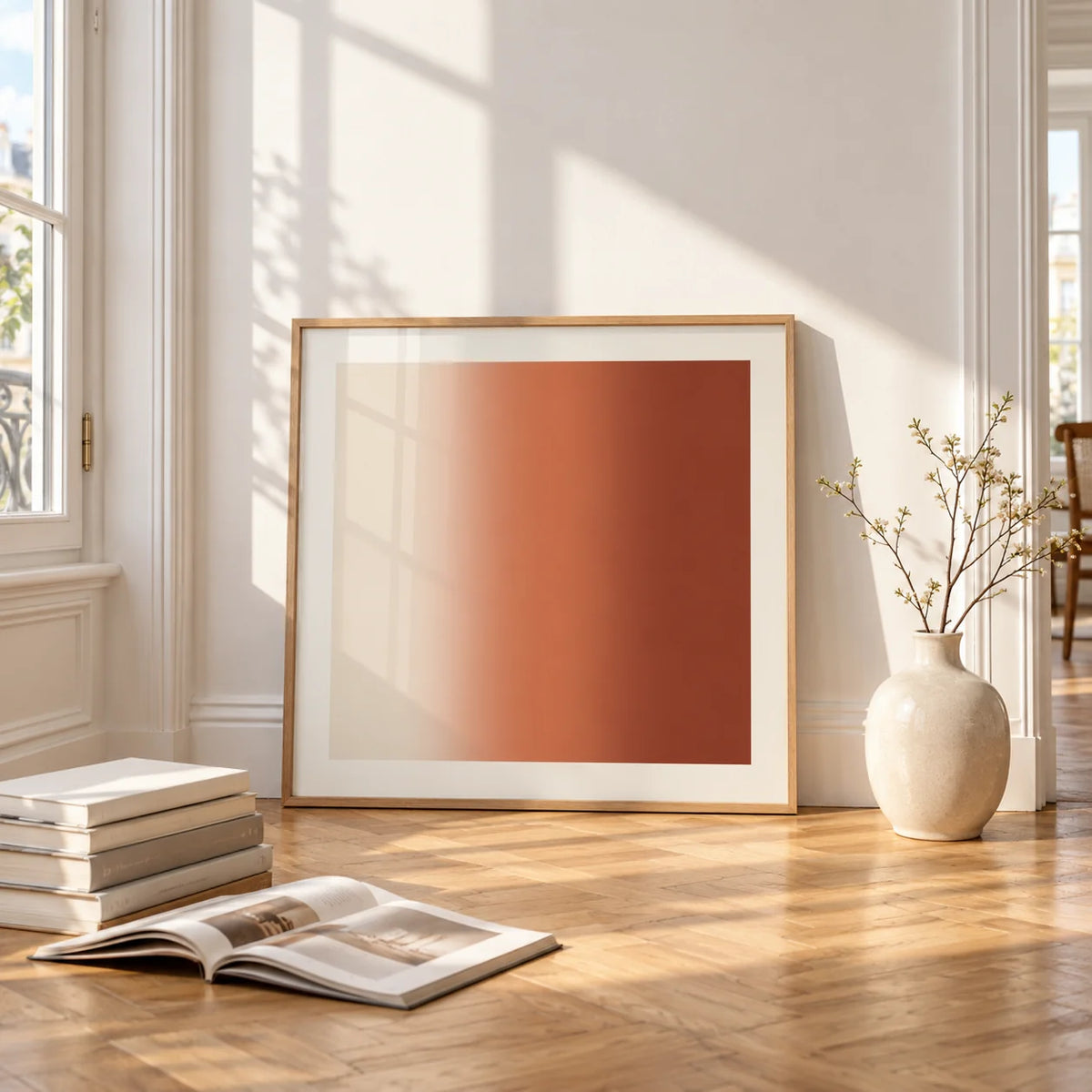 Terracotta Wall Art, framed and leaning on the parquet floor of a bright living room