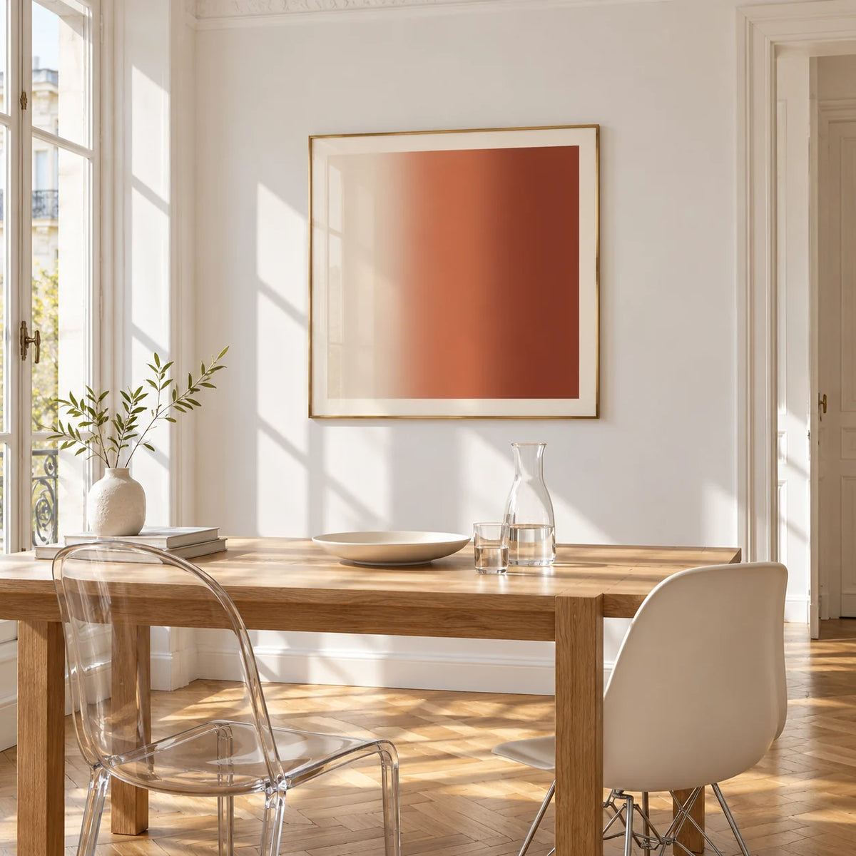 Terracotta Wall Art, framed on the wall of a bright dining corner