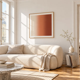 Terracotta Wall Art, framed on the wall of a bright living room corner