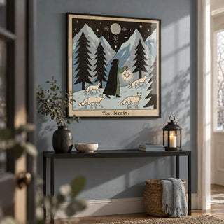 The Hermit Tarot Card Art, framed on the wall of a calm hallway with an icy blue-grey wall