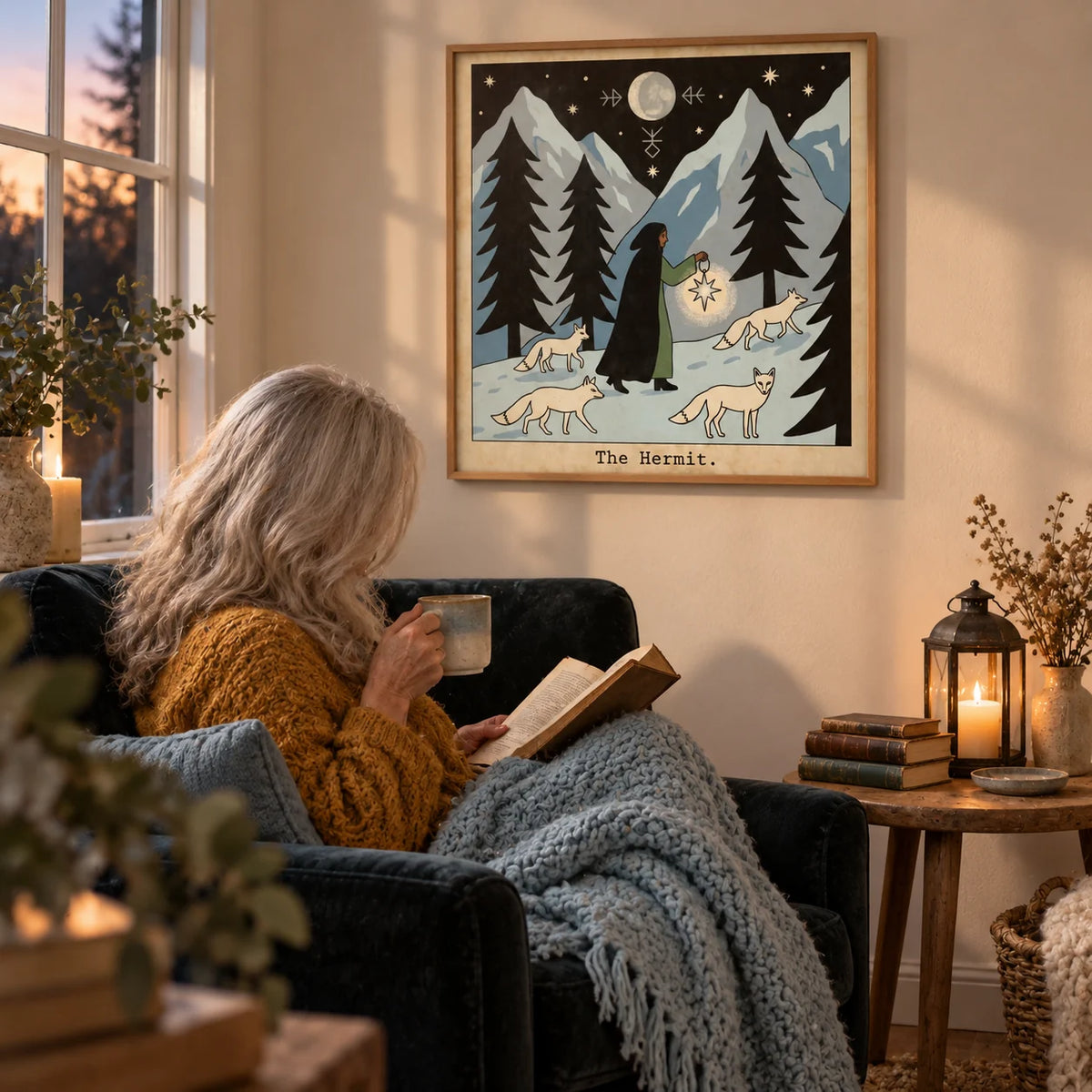The Hermit Tarot Card Art, framed on the wall of a cosy reading nook with a warm cream wall in a living room