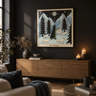 The Hermit Tarot Card Art, framed on the wall of a dark living room with a black painted wall