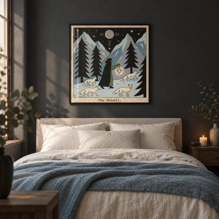 The Hermit Tarot Card Art, framed on the wall of a moody bedroom with a deep charcoal painted wall