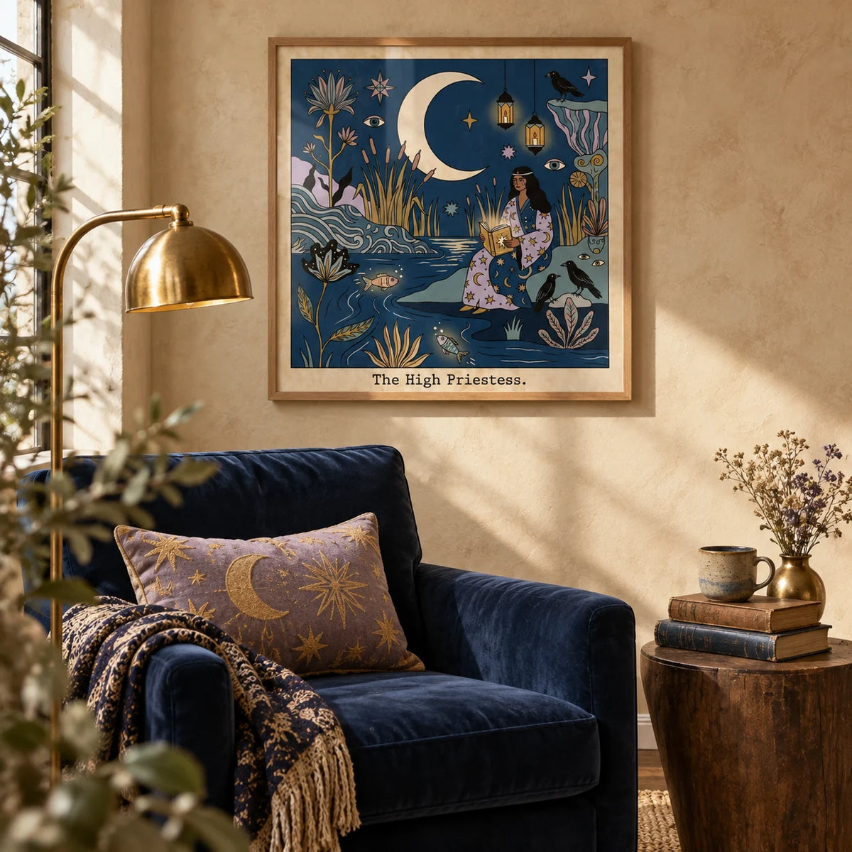 The High Priestess Tarot Card Art, framed on the wall of a reading nook with a warm parchment plaster wall in a living room