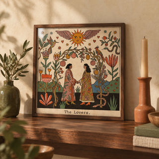 The Lovers Tarot Card Art, a small A4 framed print leaning on a walnut shelf in a living room