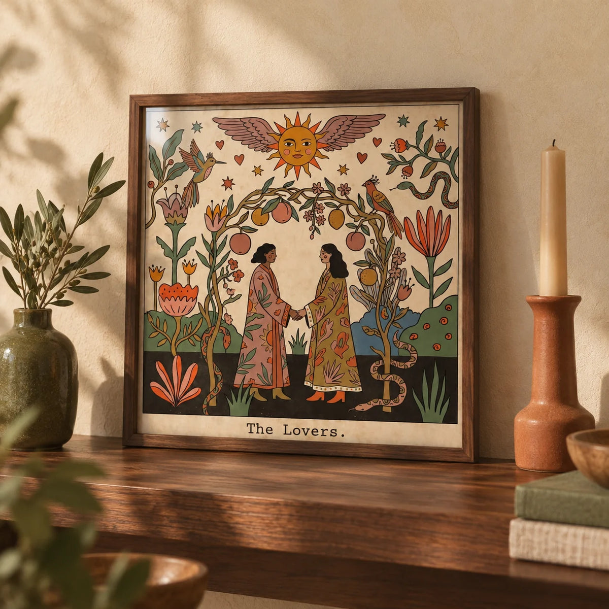 The Lovers Tarot Card Art, a small A4 framed print leaning on a walnut shelf in a living room